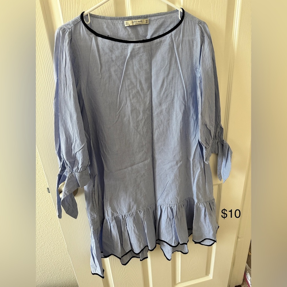 Zara basic shirt dress blue striped ruffle hem knee length